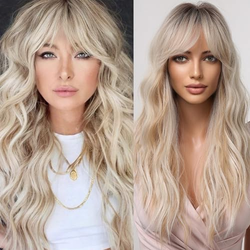 Allbell Blonde Perücke für Frauen lange lockige wellige Perücken mit Pony Blonde Perücke mit dunklen Wurzeln natürlich aussehendes Kunsthaar