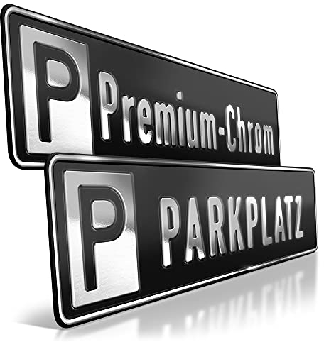 schildEVO 1 Premium Parkplatzschild | CHROM auf Schwarz | 520 x 110 mm | Metallic Wunschtext bis zu 14 Zeichen | Parkplatz-Kennzeichen | Privatparkplatz | DHL-Versand