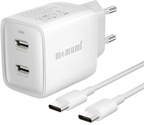memumi Chargeur USB C 40W, Dual USB-C Chargeur Rapide avec 1.5 M Câble USB C, PD GaN3 Chargeur Compatible avec iPhone 15 Pro Max/14 Pro Max/13/12 Pro/Galaxy S24 Ultra/Z Fold 6