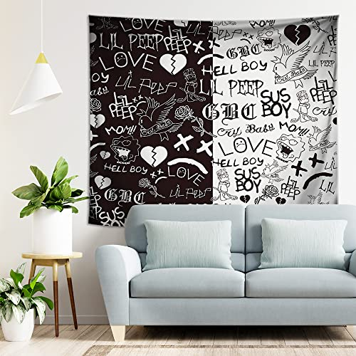 HCDZF Rapper Star Wandteppich Lil Peep Wandteppiche Schwarz und weiß Wandteppich für Schlafzimmer Wohnheim Hip Hop Home Dekorationen Wandbehang(S:59ʺ × 39ʺ)