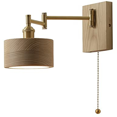 Jadssox Schwenkarm-Wandleuchte, Moderne Holz-Wandleuchte mit Zugkettenschalter, verstellbare Kupfer-Lesewandlampe, Wohnzimmer-Schlafzimmer-Nachttisch-Wandleuchten aus Holz, E27-Fassung