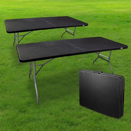 SKYLANTERN® Lot de 2 Table Pliante Exterieur Effet Rotin 180 cm d'Appoint Rectangulaire Noire - Table de Camping 8 Personnes L180 x l74 x H74cm en HDPE Haute Densité Épaisseur 3,5 cm - Pieds Acier