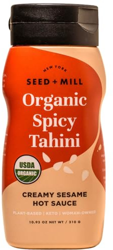 Seed + Mill - Tahini Sauce - Spicy Organic -Squeeze Bottle - Vegan, Kosher, Non-GMO, Keto, Paleo, Whole30, Gluten Free - Silky Smooth Texture - Great in Hummus, Dressings, & on Falafel - 10.93oz