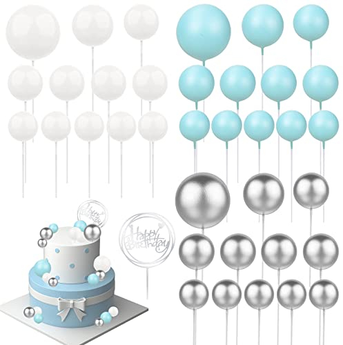 Tortendeko Kugeln, 37 Stück Happy Birthday Tortendeko, Blau und Silber Schaumkugeln Cupcake Topper, Kugeln Tortendeko Geburtstag Cake Topper, DIY Kuchen Topper für Geburtstag Hochzeit Baby Party Deko