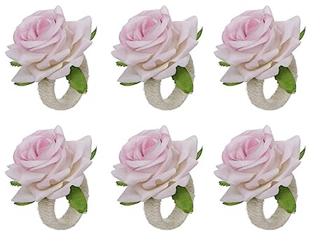 6 Pièces Rond de Serviette Rond de Serviettes de Table Fleur Artificielle Faux Porte-Serviettes de Table de Rose Anneaux de Serviettes de Table de Cordon de Toile de Jute
