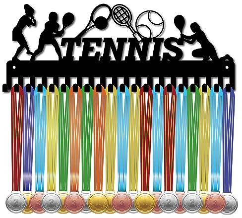 CREATCABIN Tennis-Medaillenhalter,Wettkampf-Medaillenaufhänger,Präsentationsständer,Sport-Hängesportler-Auszeichnungen,Eisen-Wandhalterung,Dekor Mit 20 Haken Für Abzeichen,Gymnastik,Schwarz,40x15cm