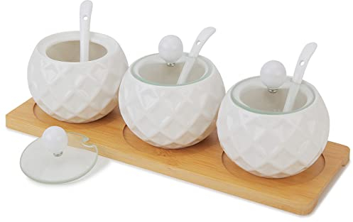 Chase Chic Set de pots à épices, Sucrier en céramique avec couvercle et cuillère pour la maison et la cuisine, Petite boîte à épices avec plateau en bois, Conception en losange, Set de 3 pièces