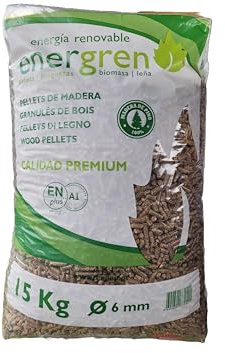 Saco de pellets de Madera 15kg. Certificado ENplus y Calidad A1. Ideal para chimeneas, Estufas o barbacoas. Diametro 6 mm. 100% Madera de Pino.