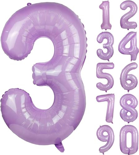 Folienballons * Macaron-Farben * als Zahlen Deko für Geburtstag und Party | XXL-Größe: 100cm | Zahl Luftballons Ballons Folienballon Ballondeko Kindergeburtstag, Edition: Lavendel-Flieder Zahl 3