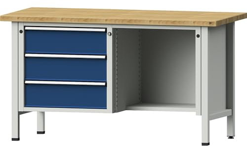 ANKE | Werkbank | Gestellbauweise Serie V | 3 Schubladen | ½ Ablageboden | Buche massiv | Vollauszug