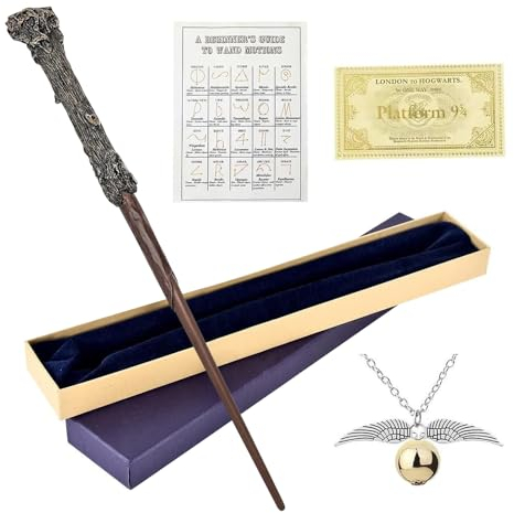 YANGUN Baguette Magique 38 cm, Baguette Magique pour Magiciens Apprentis Sorciers, Accessoires de Costume pour Enfants avec Carte Magique, Billet et Collier pour Halloween, Fête de Jeu de Rôle de Noël