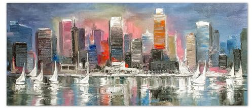 Lupia - Quadro Moderno Stampa su Tela Canvas World 52x122 cm Skyscrapers And Sails, Skyline grattacieli, per Soggiorno, capezzale Camera da Letto, Ufficio