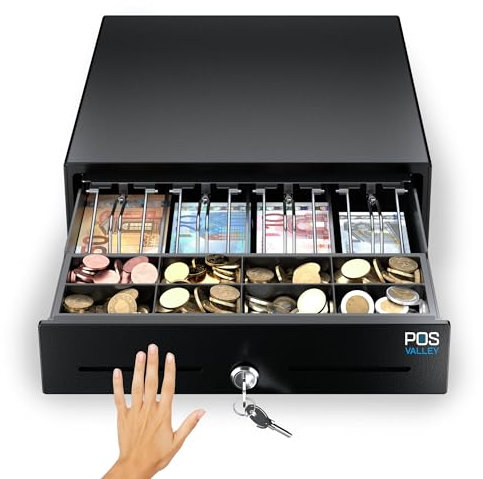 POS VALLEY Tiroir pour enregistreur de caisse petit, ouverture manuelle pression panneau avant et clé, insert en espèces 4 billets et 8 pièces (euros), 33 x 35 cm (Noir)