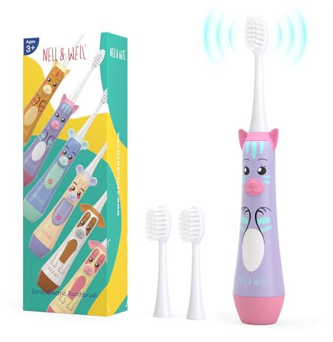 NELL&WELL - Spazzolino elettrico per bambini con timer da 2 minuti, alimentato a batteria, con 3 testine morbide per bambini dai 3 anni in su, impermeabile IPX7, senza BPA (viola)