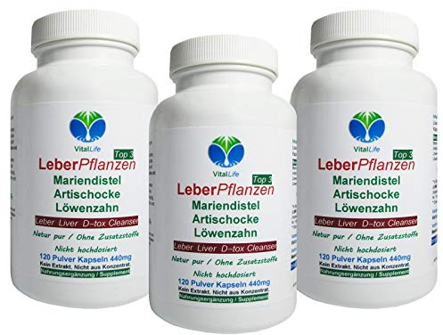 Leber Vital TOP 3 Leberkur Pflanzen 360 (3x120) Kapseln Mariendistel Artischocke Löwenzahn. Leber/Galle Fettverdauung. Reinigen Entgiften Entschlacken. OHNE Zusatzstoffe. 26477-3