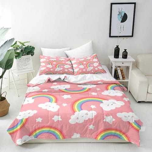 ANHOPE Rosa Hintergrund Regenbogen Wolke Bettwäsche Set 3 Teilig Bettbezug 135x200 cm & Kissenbezug 80x80 cm Microfaser Bettbezüge mit Reißverschluss Weich Bettdeckenbezug Set für Kinder Mädchen