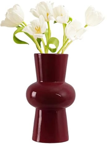 Jumuao Vase à fleurs moderne en verre soufflé à la main, hauteur : 20 cm, pour fleurs, table pour la décoration de la maison, rouge