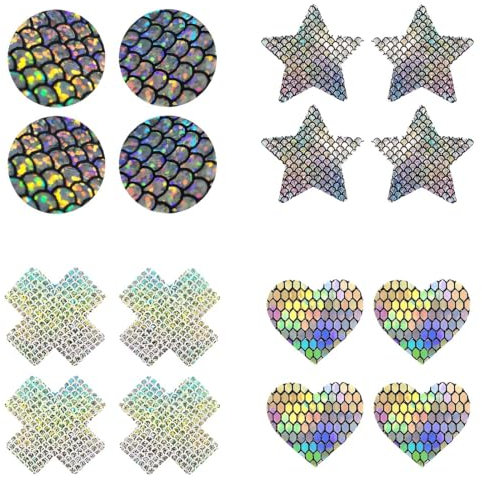BHIPKOT Couvre-mamelons Sexy, 16 Pcs Brillant Paillette Autocollant Poitrine Autocollant cœur Rond étoile Croix Forme Sexy Invisible Mince mamelons pour Les Femmes Filles Accessoires de fête
