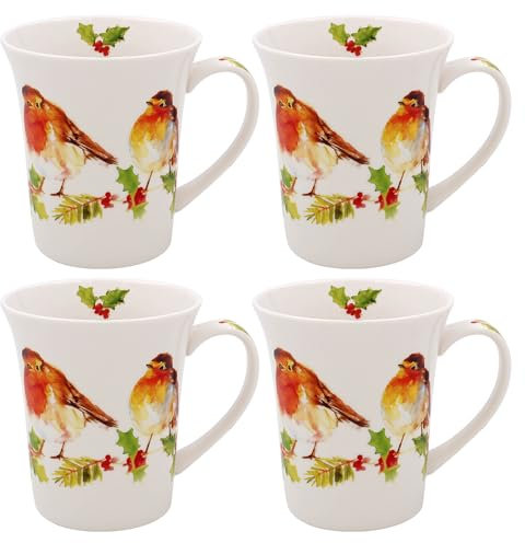 Lesser & Pavey Juego de 4 tazas de Navidad con diseño de petirrojos e invierno, idea de regalo para Navidad, temática de petirrojos, diseño del Reino Unido para bebidas calientes, té, café, vasos