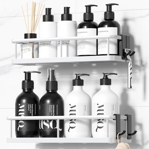 YASONIC Duschablage ohne Bohren Badezimmer Organizer, Duschregal ohne Bohren, Duschhalterung ohne Bohren Shampoo Halterung für Dusche, Badregal ohne Bohren mit 4 abnehmbaren Haken, Weiß