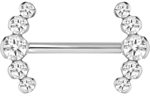 PIERCINGLINE Titan Barbell mit Push Fit 5 KRISTALLE Brustwarzenpiercing Nippelpiercing Silberfarben 1,6 x 12 mm
