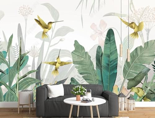 Plante Tropicale Feuille Verte Oiseau Doré Papier Peint 3D Intissé Bureau Salon Canapé Chambre Fond Décoration Murale-430cm×300cm