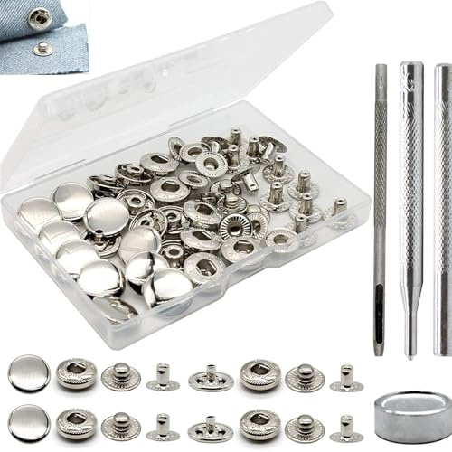 Druckknopf Set, Druckknöpfe Set, Kleidung Druckknopf, Druckknöpfe Ohne Nähen, Druckknöpfe für Jacken, 12 Stück Druckknöpfe Metall mit Fixierwerkzeug Kit, Rostfrei DIY Druckknopf