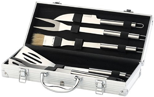 Rosenstein & Söhne Grillkoffer-Sets: Edelstahl-Grillbesteck im Aluminium-Koffer Versandrückläufer (Grillbesteckset, Grill-Besteck in Koffer, Teller)