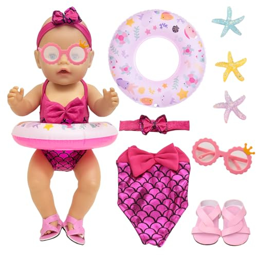 8 Rosarot Meerjungfrau Schwimm-Set für 35-45cm New Born Baby Schwimmpuppe | Kleidung Outfits mit Sommerliches Badeanzug Schwimmring Sonnenbrille Schuhe Seestern für 14-18 Zoll Puppen