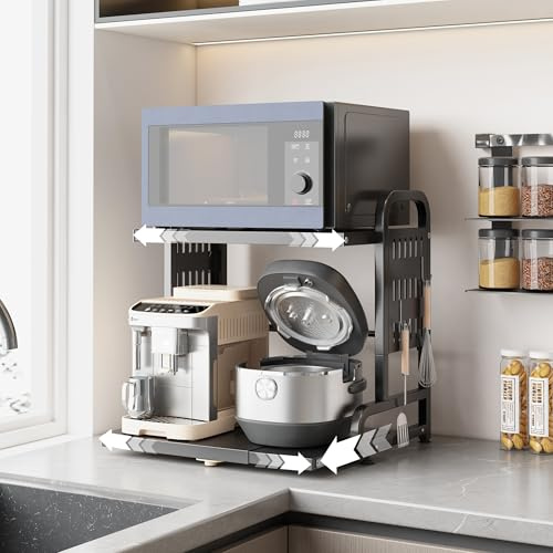 Ornestia 2-Tier Expandable Metal Microwave Shelf for Kitchen,Black | Microwave Stand,kitchen Shelves for Air Fryer With 6 Metal Hooks,Kitchen Countertop Storage Organiser