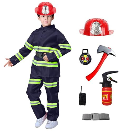Generisch Feuerwehr Kostüm Kinder Feuerwehrmann Rollenspiel Lustig Uniform Komplettes Set Faschingskostüme Bühnenkostüm für Cosplay Halloween Karneval Fasching 4-5 Jahre