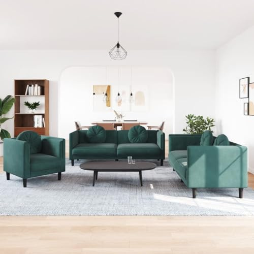 Emmtore Sofagarnitur, Sessel Couch Sofa für Wohnzimmer, Loungesofa Polstersofa mit Kissen, Couchgarnitur Sitzmöbel,Modern,Dunkelgrün,1-Sitzer + 2-Sitzer + 3-Sitzer
