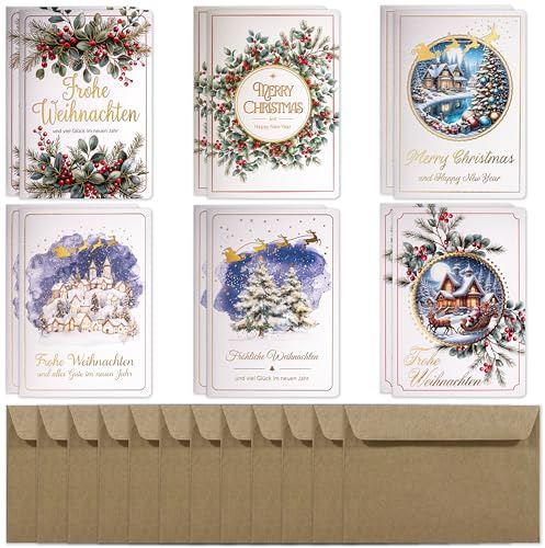 art nuvo Weihnachtskarten mit Umschlägen Din A6 – 12er-Set exklusiver Karten. 6 Designs, je 2 Karten, mit Umschlägen aus Recyclingpapier.