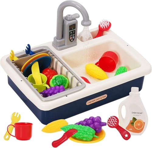 Kids Kitchen Play Sink Toy Set Pretend Role Plays Kitchen Toys Play Sinks with Running Water,PlayFood,Cutting Plays Dishwasher with Automatic Water Cycle System Blue
