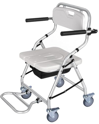 Transport-Toilettenstuhl, rollbarer Duschstuhl, Toilettensitz mit Armlehnen und abnehmbarem Sitz, Tragkraft 118 kg