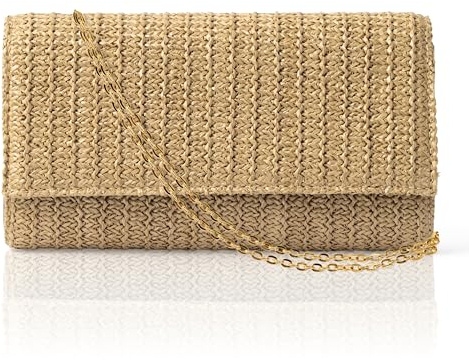 Wood Homing Bolso de mano de paja para mujer, bolso cruzado de paja bohemio para niña, boda, graduación, con cadena desmontable, para verano, playa, vacaciones, viajes, fiestas, uso diario