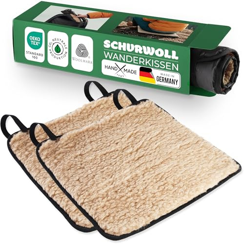 Novaliv 2er Set Sitzkissen Outdoor 38 x 38 cm Hellbraun, Wanderkissen Schurwolle, PA-Rückseite wasserabweisend, Thermo isolierend, atmungsaktiv, leicht, rucksacktauglich - Camping, Trekking, Picknick
