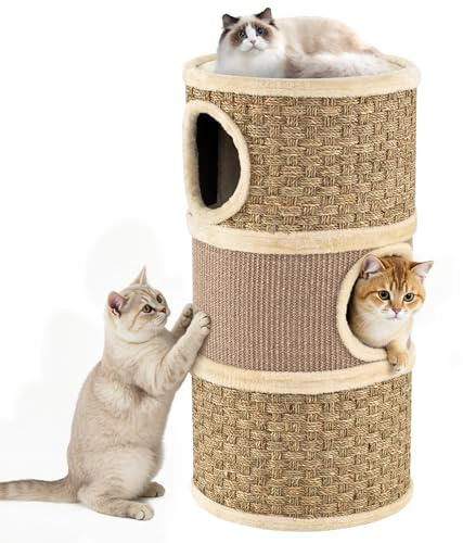 COSTWAY Barril Rascador para Gatos de 3 Pisos, 70 cm Torre para Gatos con Poste Rascado de Sisal con Cama Acolchada, Árbol Rascador para Gato en Forma de Barril, Casa para Gatitos de Interior