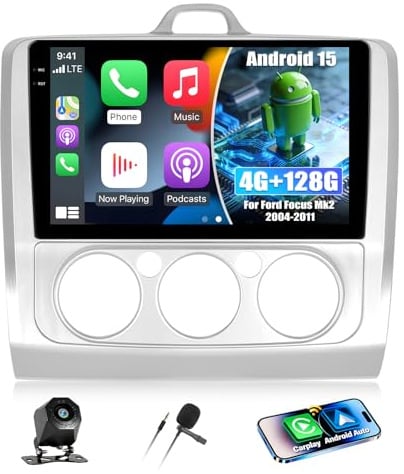 CAMECHO 4+128G 9 Zoll Android 15 Autoradio für Ford Focus Mk2 2004-2011 | GPS Navi, WLAN, Carplay Android auto, FM RDS Bluetooth Radio, Rückfahrkamera