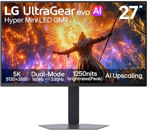 LG UltraGear evo GM9 27GM950B-B Gaming Monitor, 27 inch 5K, Black | 5K Hyper Mini LED, Dual mode 165Hz - 330Hz, 1ms (GtG), Display HDR 1000, AI content upscaler