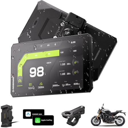 RiderNav R7X Kabelloses Motorrad-Display für Apple CarPlay & Android Auto, Quick-Release-Halterung, 7 1200 Nits 60fps Display, IP69K Wasserdicht, Action-Kamera-Steuerung, Universelle Passform