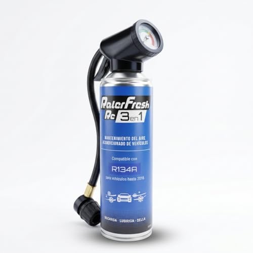 Ralerfresh RC 3 en 1 con Manómetro – Recarga de Aire Acondicionado Coche R134a hasta 2016 - Gas refrigerante, Sella, Lubrica, Elimina Humedad y Protege - Mantenimiento Avanzado del vehículo - 500 ml