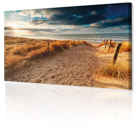 decomonkey Bilder Strand 120x40 cm 1 Teilig Leinwandbilder Wandbild Natur | Strukturleinwand, Holzkeilrahmen, Bild auf Leinwand, Kunstdruck, Wanddeko, Wohnzimmer, Wanddekoration, Landschaft, Meer