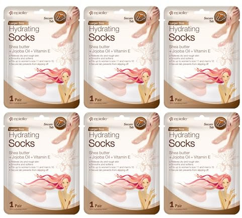 Epielle Máscaras hidratantes para pies (6 unidades) para pies agrietados y secos del talón a los dedos y callos, máscaras de spa – Manteca de karité + aceite de jojoba + vitamina E hidratante, regalo