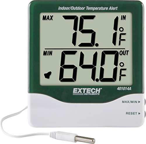 Extech 401014A Big Digit Indoor/Outdoor Thermometer with Alarm, Min/Max | 1in digits, programmable hi/lo alarm, 9.6ft waterproof probe, wall mount, stand, AAA battery