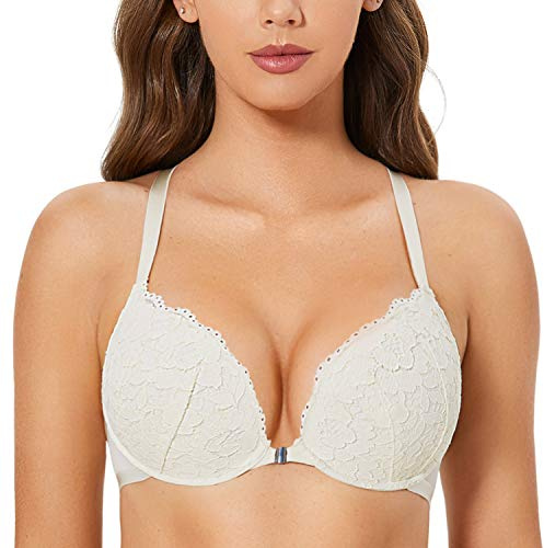 DOBREVA Women's Push Up Bra Support Racer Back Front Fastening Lace Padded Plunge Underwired Bra Ivory 36D