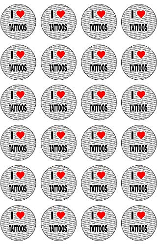 AK Giftshop I Love Tattoos - 24 Edible Cupcake Toppers Cake Decorations - Easy Precut Circles