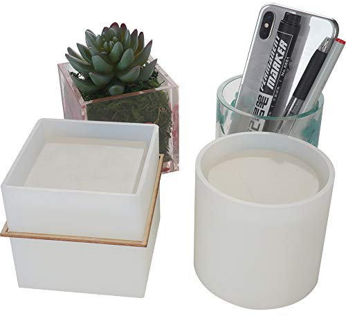Resin Mould, Silicone Casting Molds, 2 Pack DIY Flower Planter Pot Molds Candle Holder Making Succulent Pen Holder molds, Square and Cylinder
