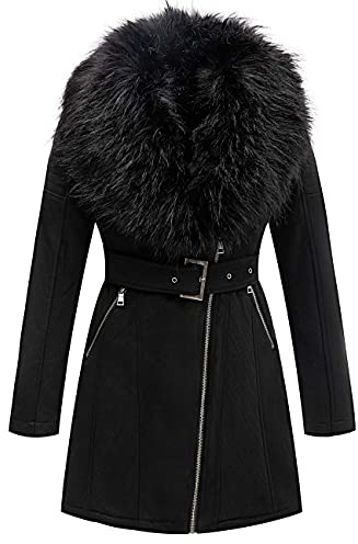 Geschallino Lange Jacke aus Wildlederimitat für Damen, Moto Biker Parka Mantel mit abnehmbarem Pelzkragen FF206 Schwarz L