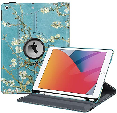 Fintie Hülle für iPad 10.2 Zoll 9.Generation / 8. Gen / 7. Gen (Modell 2021/2020/2019) mit Pencil Halter - 360 Grad Rotierend Stand Schutzhülle Cover mit Auto Schlaf/Wach Funktion, Mandelblüten